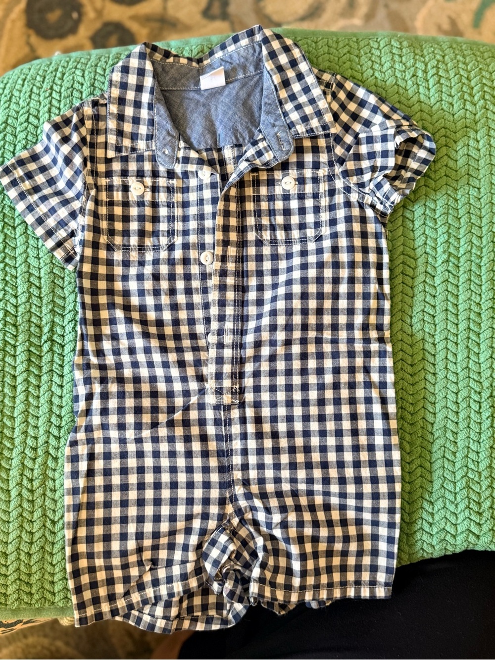 Cotton Navy and White Gingham Baby Romper Shortall 12-18 mos